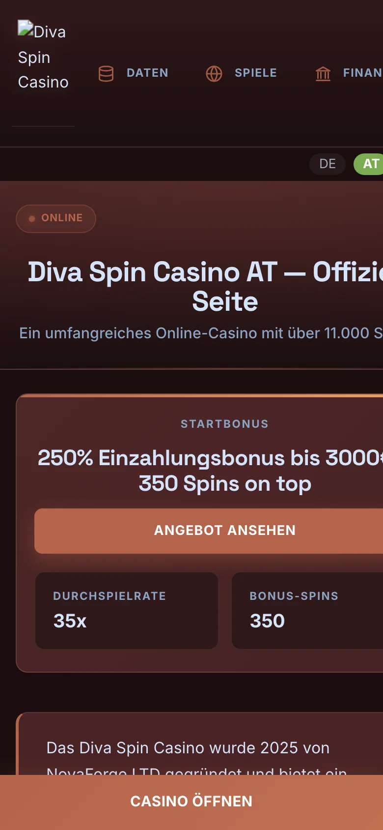 Diva Spin Casino mobile lobby screenshot