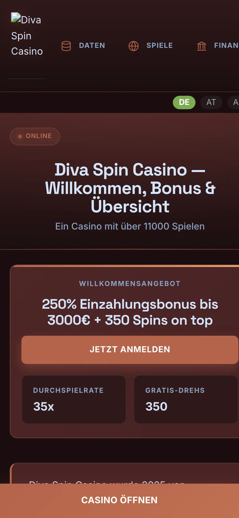 Diva Spin Casino mobile lobby screenshot