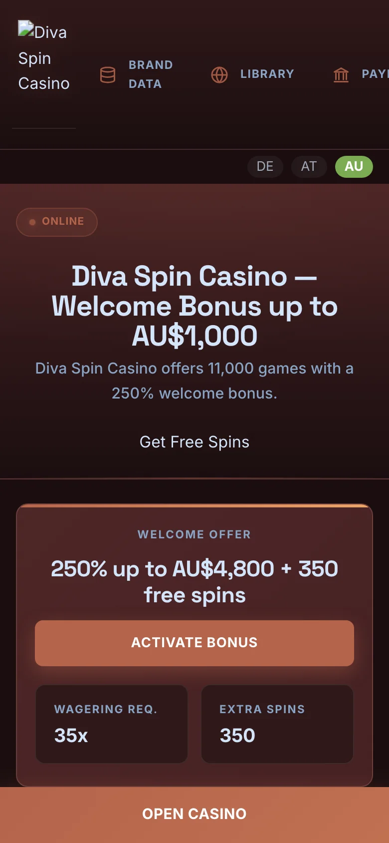 Diva Spin Casino mobile lobby screenshot
